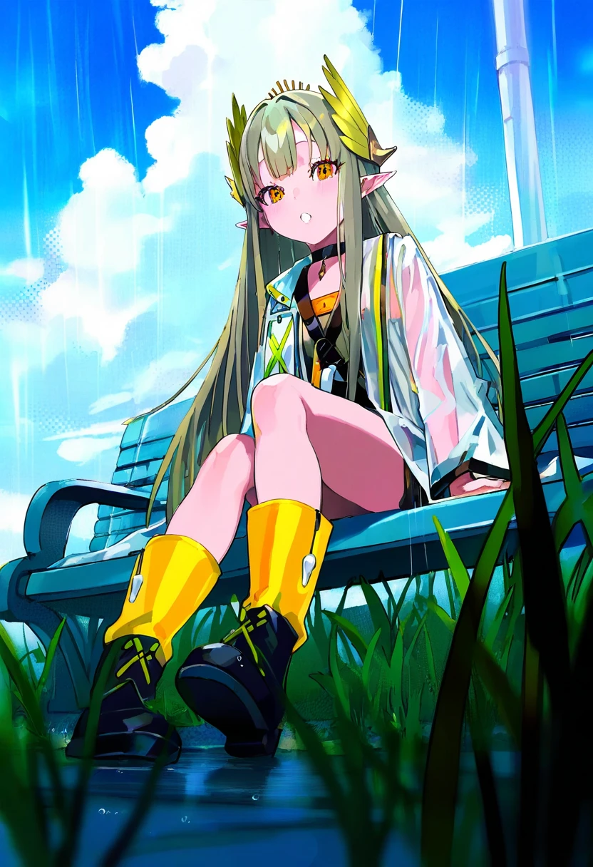 lam \(ramdayo\),mika pikazo,freng, - 1girl,muelsyse \(arknights\),arknights,cloudy sky,grass,on bench,outdoors,rain,road,yellow rubber boots,see-through coat,sitting,transparent raincoat,water drop,