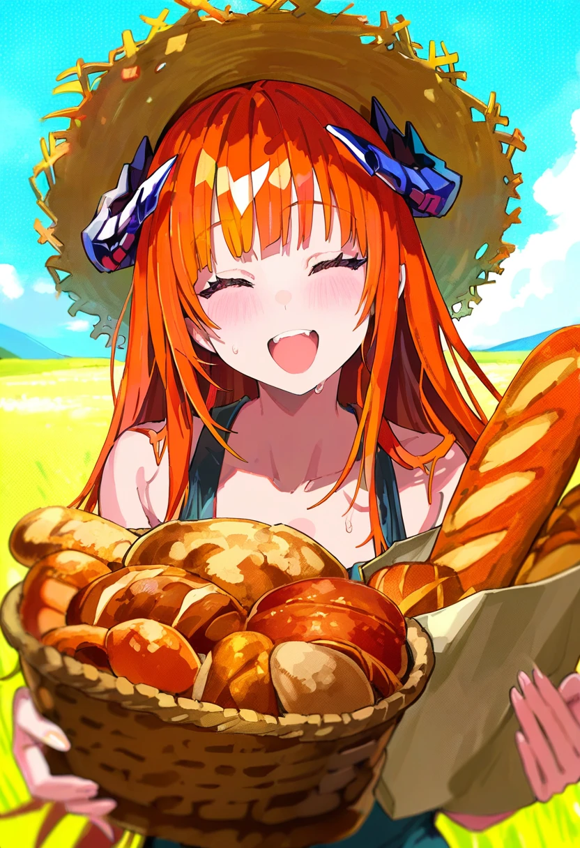 lam \(ramdayo\),mika pikazo,freng, - 1girl,bagpipe \(arknights\),arknights,baguette,blush,bread,croissant,holding basket,pretzel,upper body,straw hat,field,sky,laughing,sweat,sunlight,