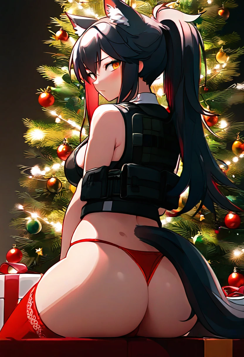 [Quetzalli],[miv4t], - 1girl,texas \(arknights\),arknights,underwear,tactical vest,christmas tree,christmas ornaments,