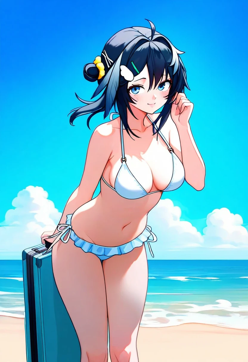 [Quetzalli],[miv4t], - 1girl,la pluma \(summer flowers\) \(arknights\),arknights,white bikini,outdoors,navel,day,sky,blue sky,beach,suitcase,looking at viewer,ocean,low-tied long hair,leaning forward,standing,holding,frills,hand up,bare shoulders,floating hair,