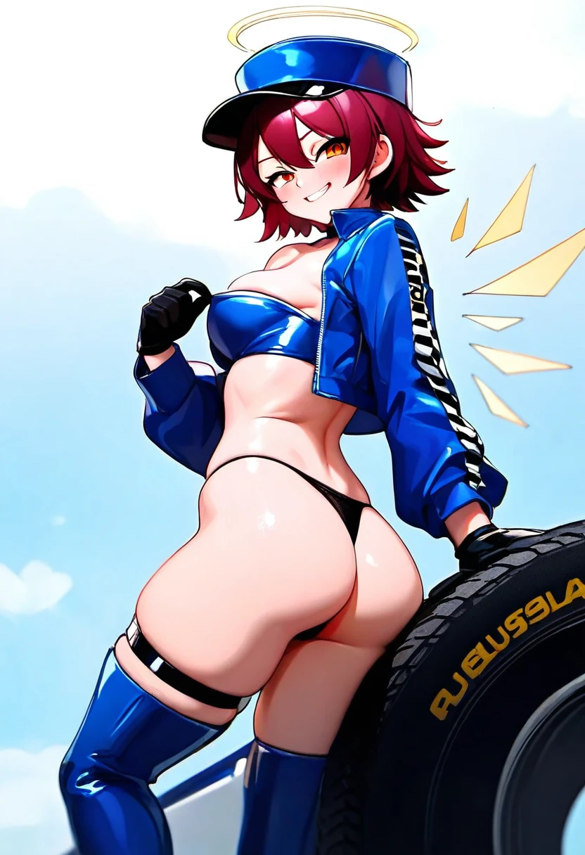 [Quetzalli],[miv4t], - 1girl,exusiai \(arknights\),arknights,black gloves,black panties,blue thigh boots,blue hat,blue jacket,long sleeves,race queen,thigh strap,thong,single bare shoulder,skindentation,tire,