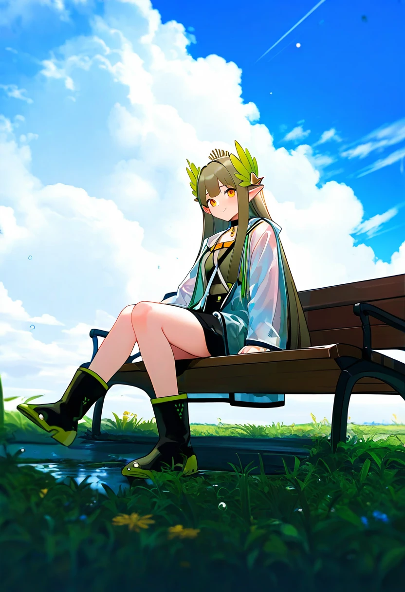 [Quetzalli],[miv4t], - 1girl,muelsyse \(arknights\),arknights,cloudy sky,grass,on bench,outdoors,rain,road,yellow rubber boots,see-through coat,sitting,transparent raincoat,water drop,