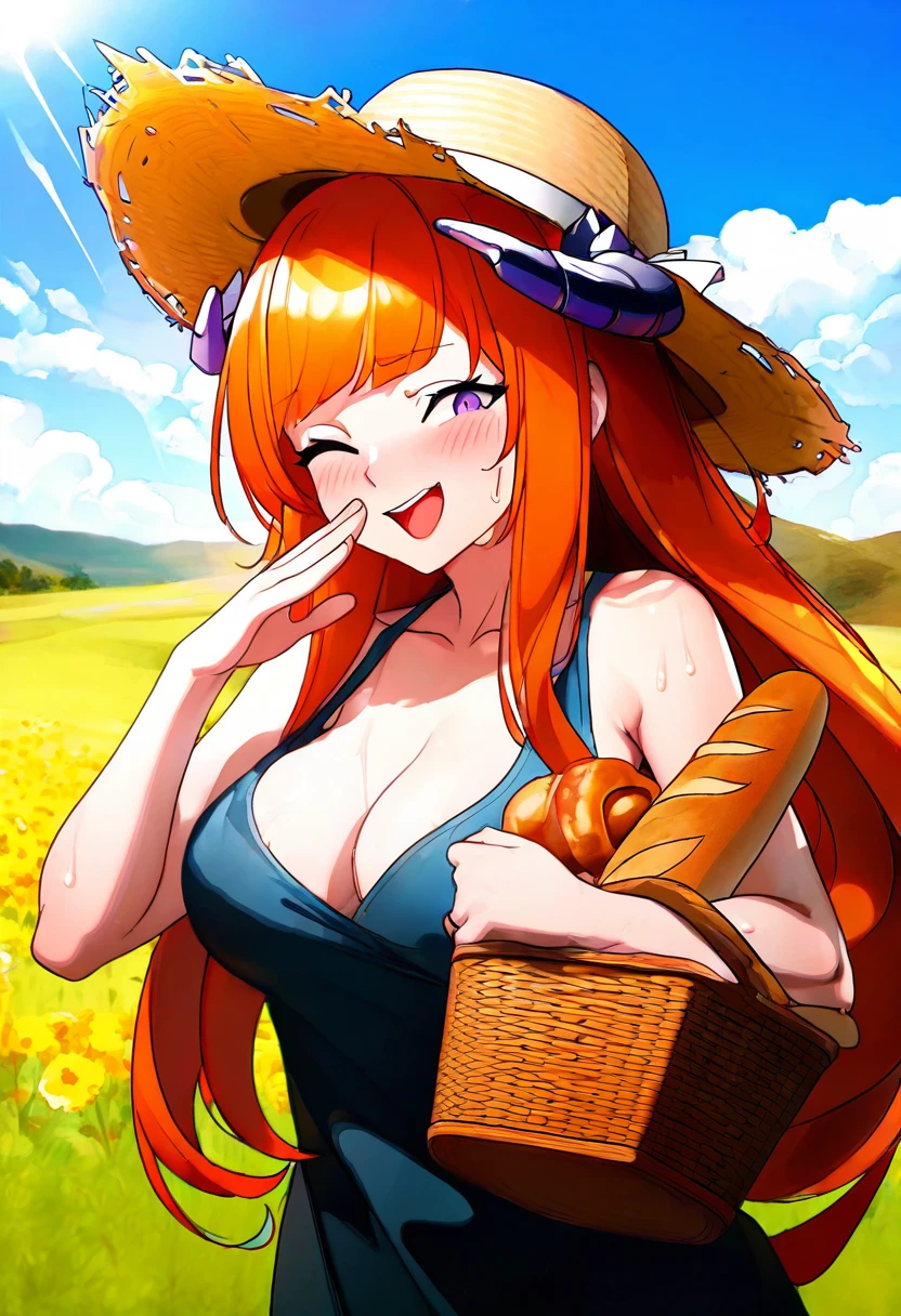 [Quetzalli],[miv4t], - 1girl,bagpipe \(arknights\),arknights,baguette,blush,bread,croissant,holding basket,pretzel,upper body,straw hat,field,sky,laughing,sweat,sunlight,