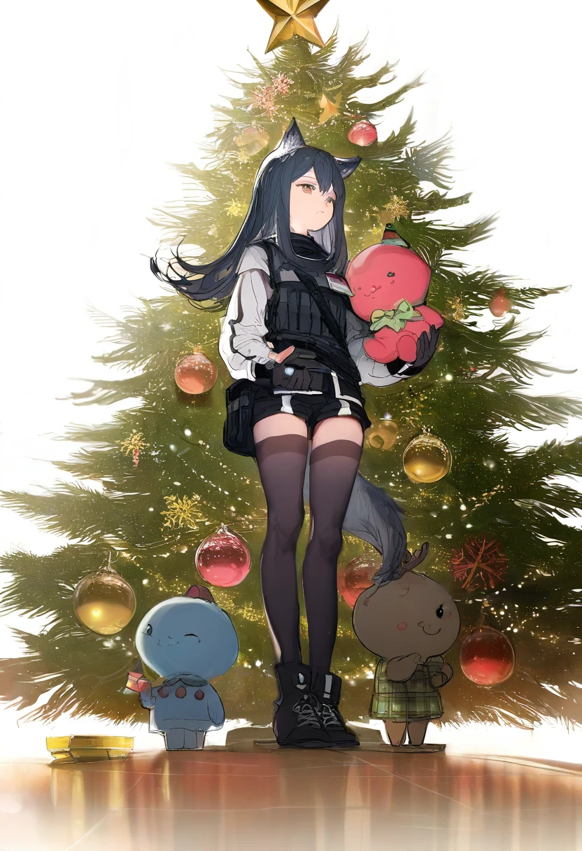 cierra \(ra-bit\),artistask \(askzy\),gomzi,you shimizu,demizu posuka,asakuraf, - 1girl,texas \(arknights\),arknights,underwear,tactical vest,christmas tree,christmas ornaments,