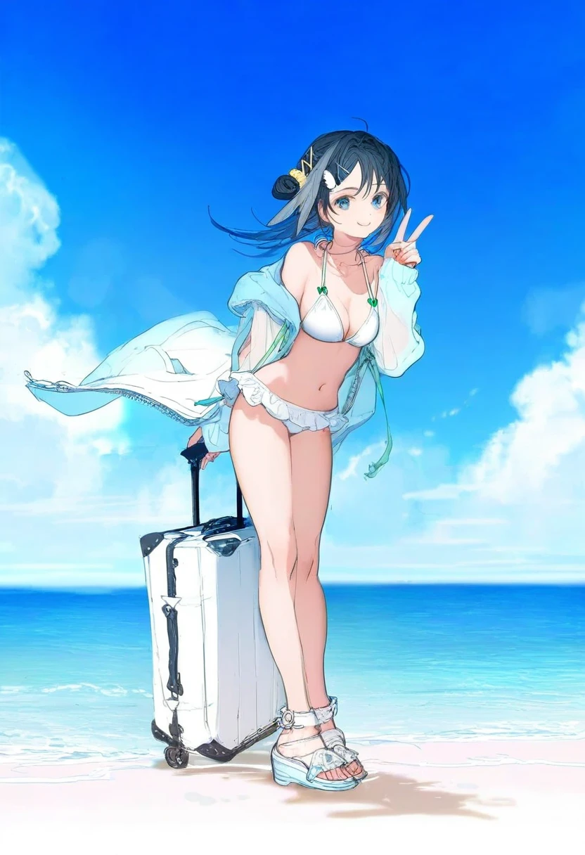 cierra \(ra-bit\),artistask \(askzy\),gomzi,you shimizu,demizu posuka,asakuraf, - 1girl,la pluma \(summer flowers\) \(arknights\),arknights,white bikini,outdoors,navel,day,sky,blue sky,beach,suitcase,looking at viewer,ocean,low-tied long hair,leaning forward,standing,holding,frills,hand up,bare shoulders,floating hair,