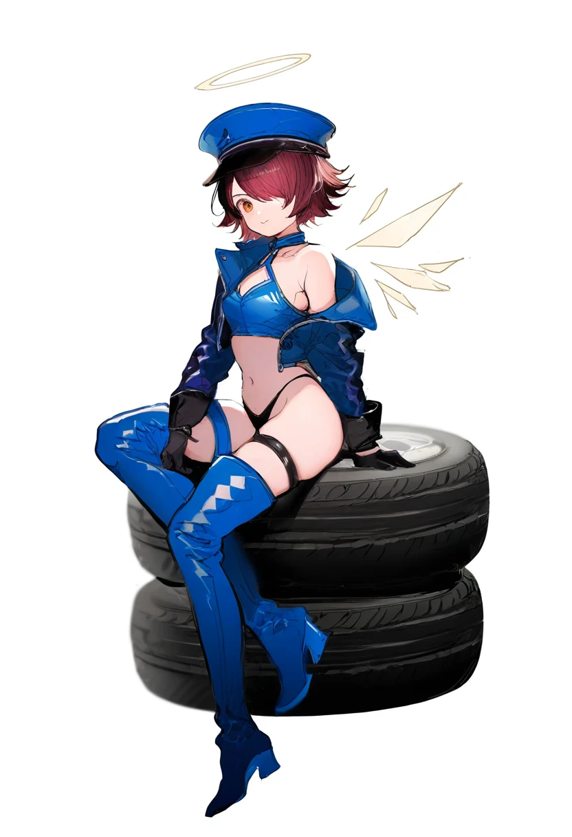 cierra \(ra-bit\),artistask \(askzy\),gomzi,you shimizu,demizu posuka,asakuraf, - 1girl,exusiai \(arknights\),arknights,black gloves,black panties,blue thigh boots,blue hat,blue jacket,long sleeves,race queen,thigh strap,thong,single bare shoulder,skindentation,tire,