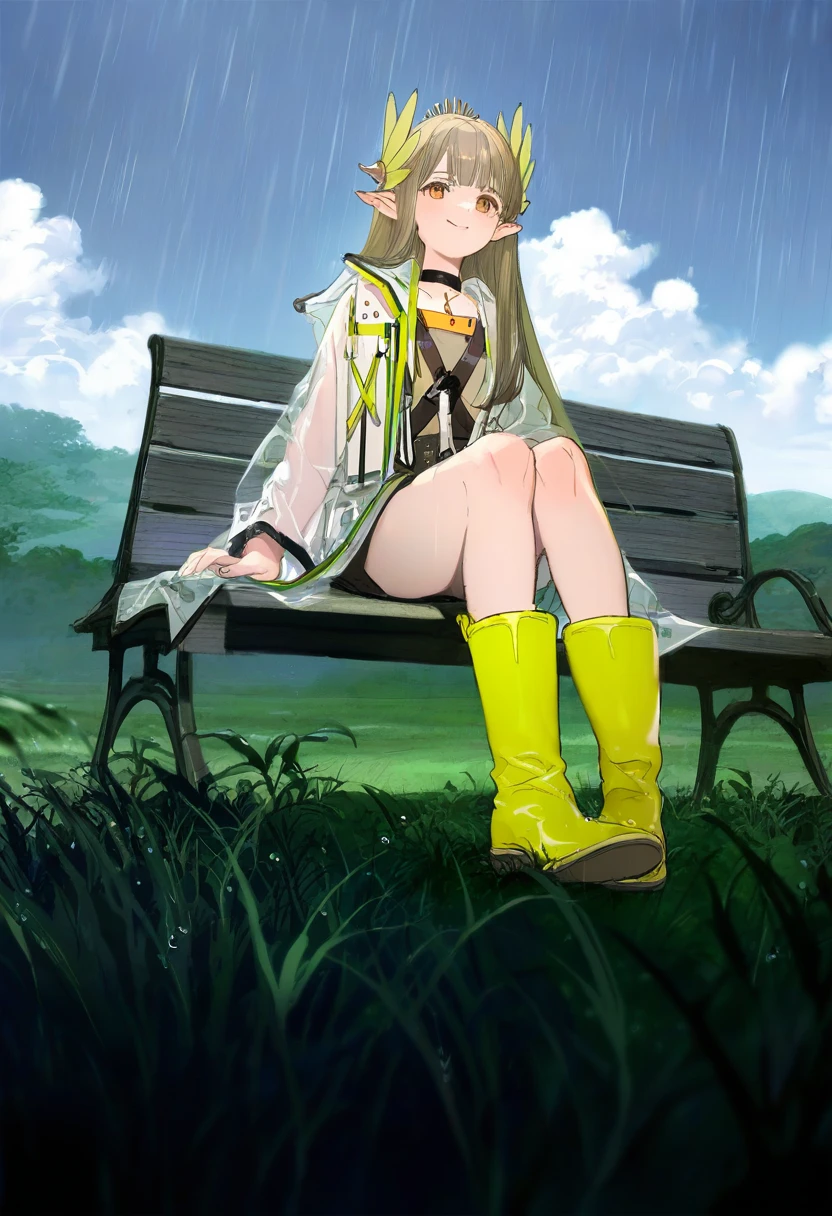 cierra \(ra-bit\),artistask \(askzy\),gomzi,you shimizu,demizu posuka,asakuraf, - 1girl,muelsyse \(arknights\),arknights,cloudy sky,grass,on bench,outdoors,rain,road,yellow rubber boots,see-through coat,sitting,transparent raincoat,water drop,
