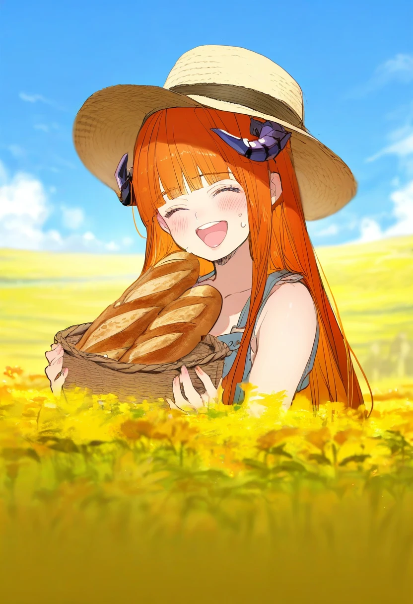 cierra \(ra-bit\),artistask \(askzy\),gomzi,you shimizu,demizu posuka,asakuraf, - 1girl,bagpipe \(arknights\),arknights,baguette,blush,bread,croissant,holding basket,pretzel,upper body,straw hat,field,sky,laughing,sweat,sunlight,