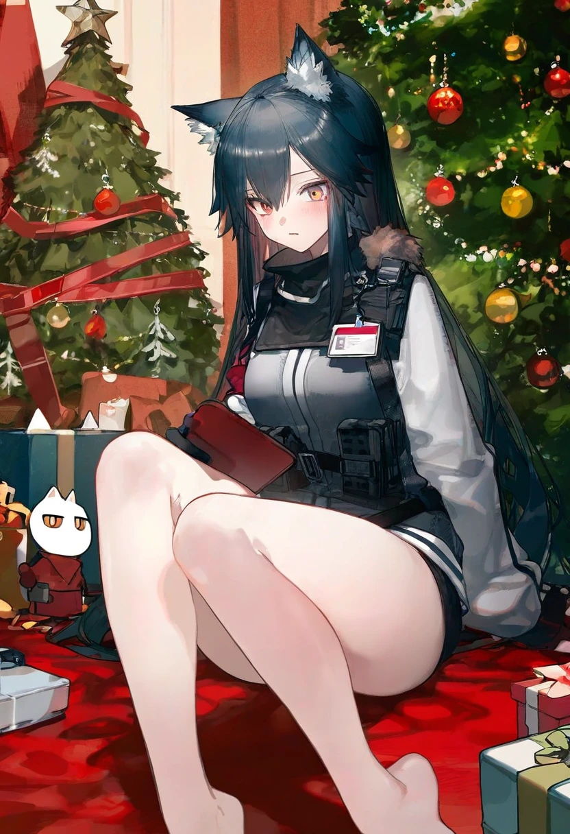 [yushe quetzalli],[onineko],[ciloranko],[neco], - 1girl,texas \(arknights\),arknights,underwear,tactical vest,christmas tree,christmas ornaments,