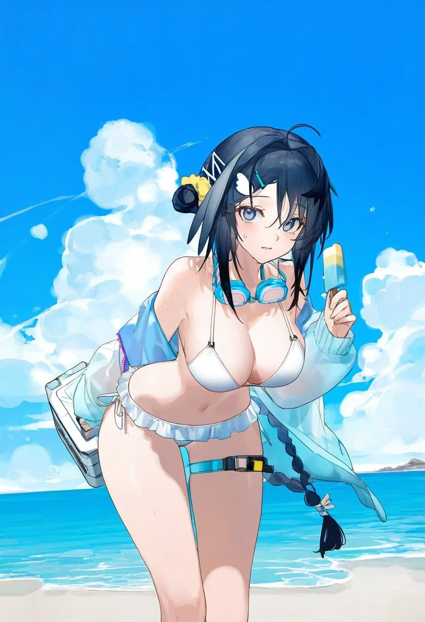 [yushe quetzalli],[onineko],[ciloranko],[neco], - 1girl,la pluma \(summer flowers\) \(arknights\),arknights,white bikini,outdoors,navel,day,sky,blue sky,beach,suitcase,looking at viewer,ocean,low-tied long hair,leaning forward,standing,holding,frills,hand up,bare shoulders,floating hair,