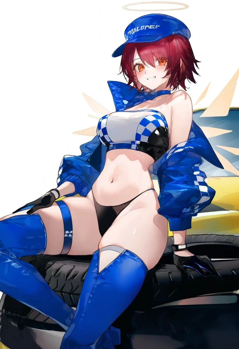 [yushe quetzalli],[onineko],[ciloranko],[neco], - 1girl,exusiai \(arknights\),arknights,black gloves,black panties,blue thigh boots,blue hat,blue jacket,long sleeves,race queen,thigh strap,thong,single bare shoulder,skindentation,tire,