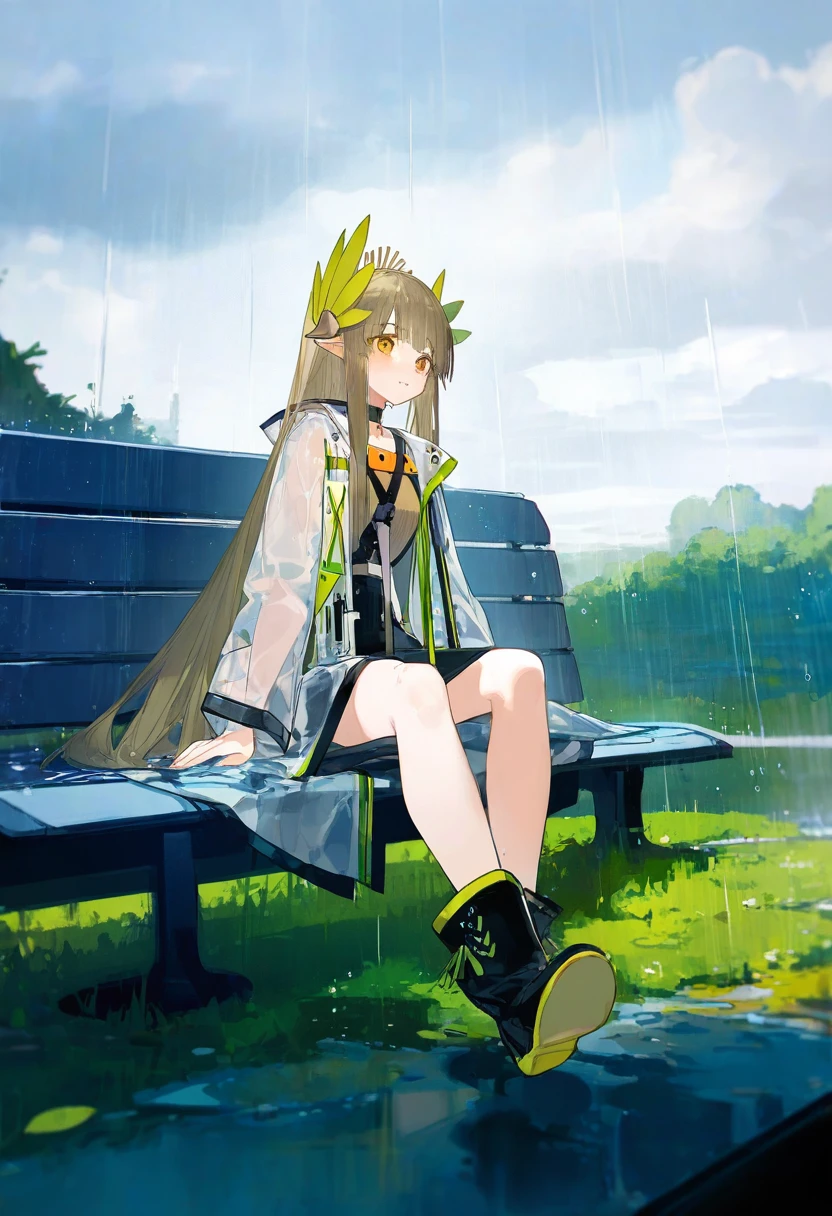 [yushe quetzalli],[onineko],[ciloranko],[neco], - 1girl,muelsyse \(arknights\),arknights,cloudy sky,grass,on bench,outdoors,rain,road,yellow rubber boots,see-through coat,sitting,transparent raincoat,water drop,