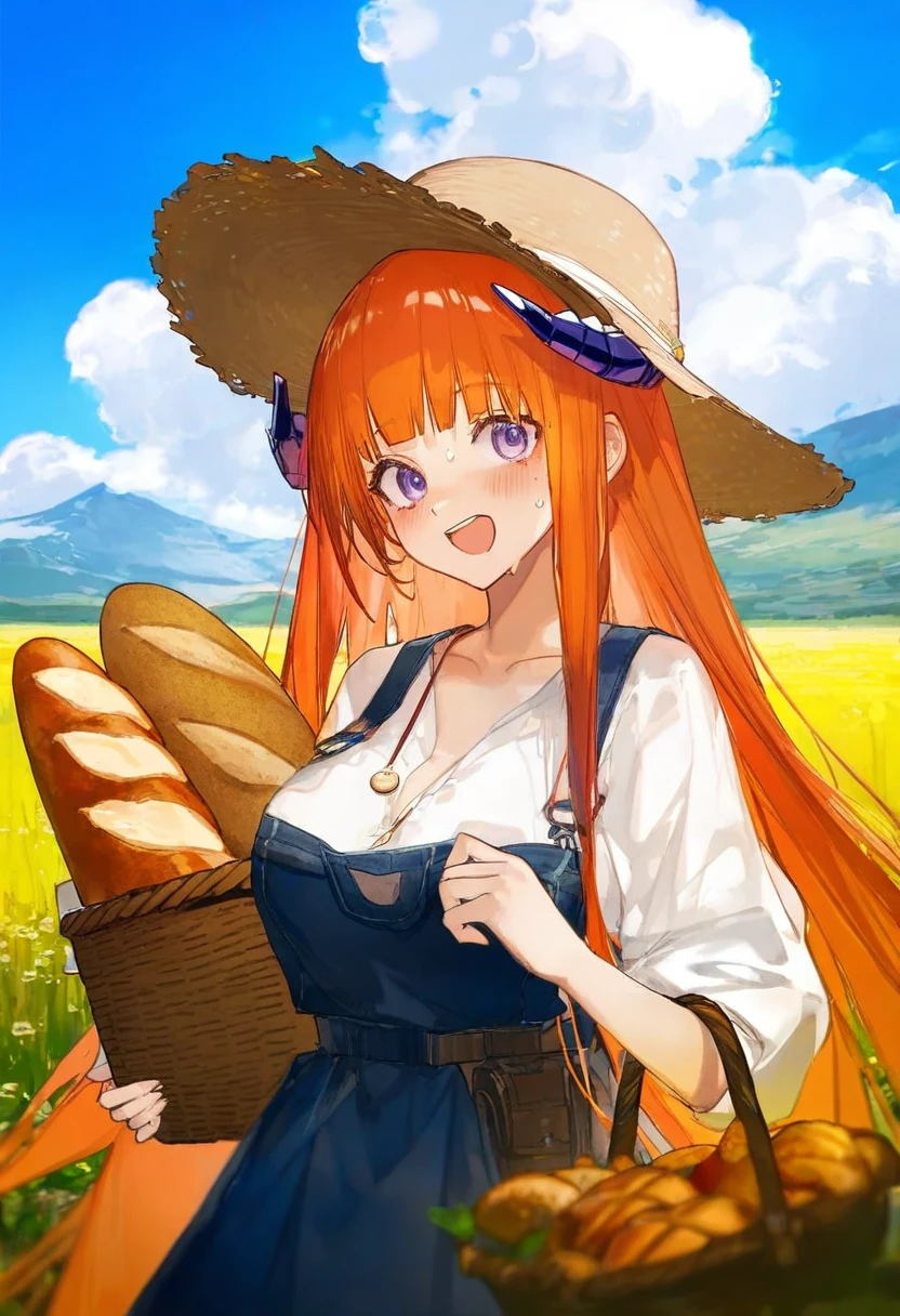 [yushe quetzalli],[onineko],[ciloranko],[neco], - 1girl,bagpipe \(arknights\),arknights,baguette,blush,bread,croissant,holding basket,pretzel,upper body,straw hat,field,sky,laughing,sweat,sunlight,