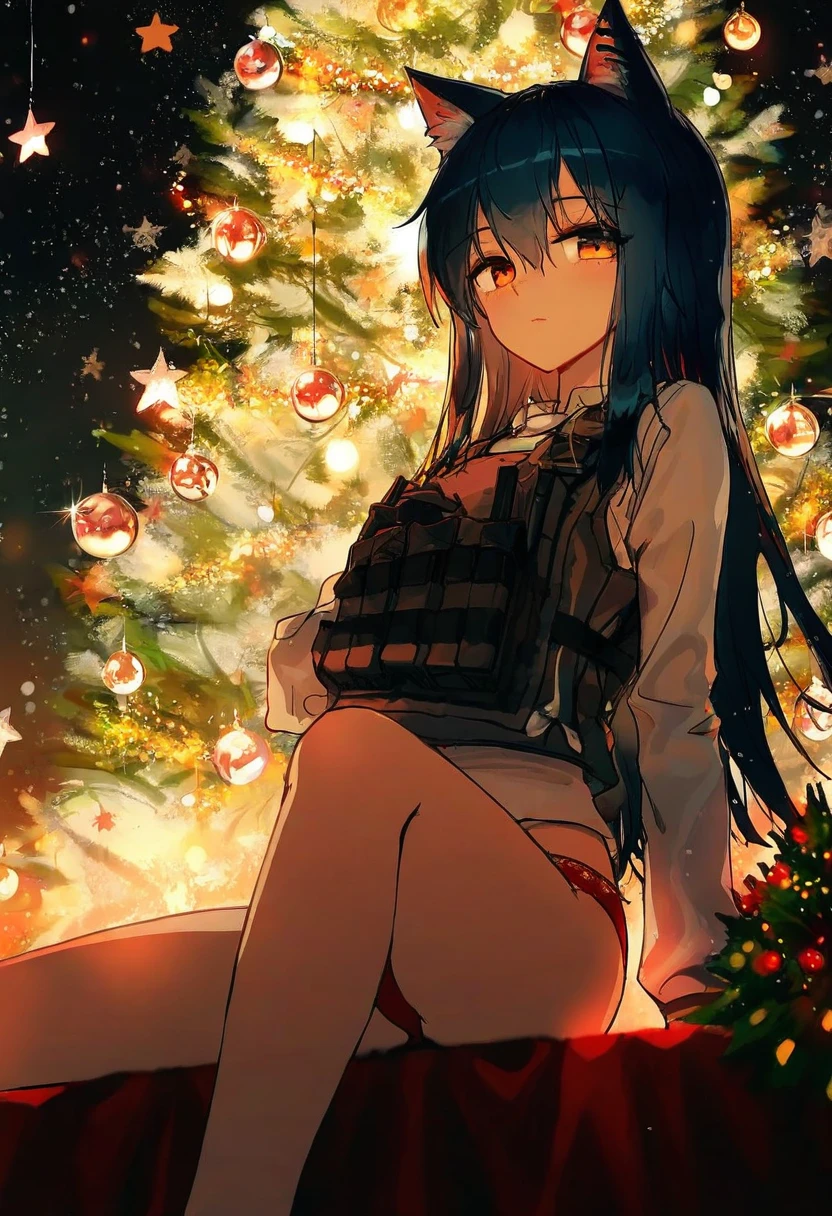 (qys3),hiten,[ciloranko],[[wlop]], - 1girl,texas \(arknights\),arknights,underwear,tactical vest,christmas tree,christmas ornaments,