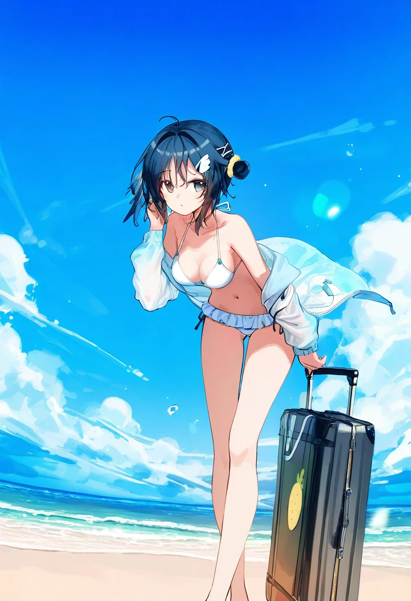 (qys3),hiten,[ciloranko],[[wlop]], - 1girl,la pluma \(summer flowers\) \(arknights\),arknights,white bikini,outdoors,navel,day,sky,blue sky,beach,suitcase,looking at viewer,ocean,low-tied long hair,leaning forward,standing,holding,frills,hand up,bare shoulders,floating hair,