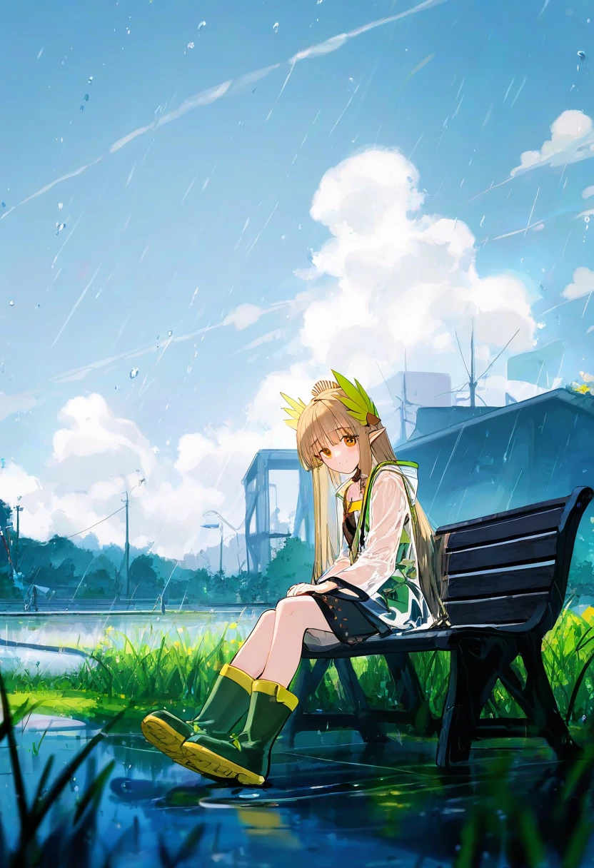 (qys3),hiten,[ciloranko],[[wlop]], - 1girl,muelsyse \(arknights\),arknights,cloudy sky,grass,on bench,outdoors,rain,road,yellow rubber boots,see-through coat,sitting,transparent raincoat,water drop,