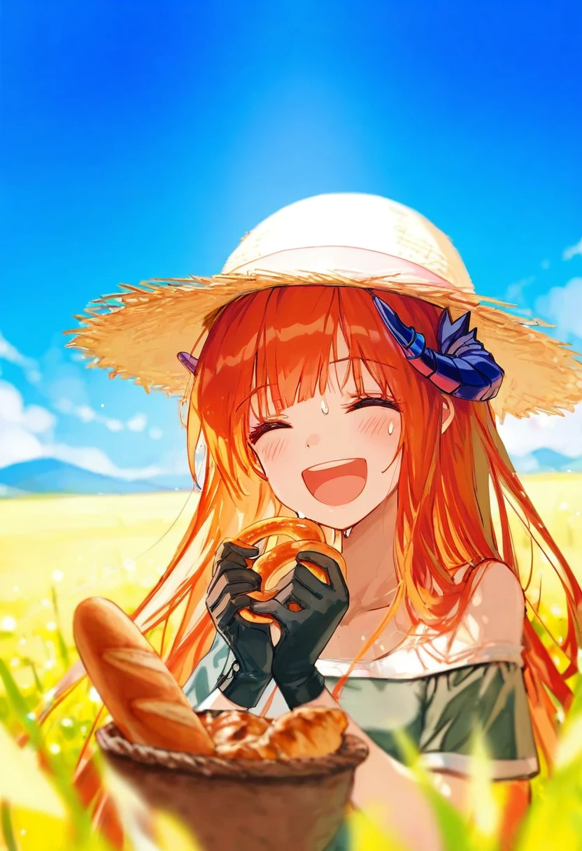 (qys3),hiten,[ciloranko],[[wlop]], - 1girl,bagpipe \(arknights\),arknights,baguette,blush,bread,croissant,holding basket,pretzel,upper body,straw hat,field,sky,laughing,sweat,sunlight,