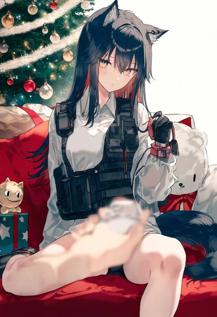 [neco],[onineko],[hiten], - 1girl,texas \(arknights\),arknights,underwear,tactical vest,christmas tree,christmas ornaments,
