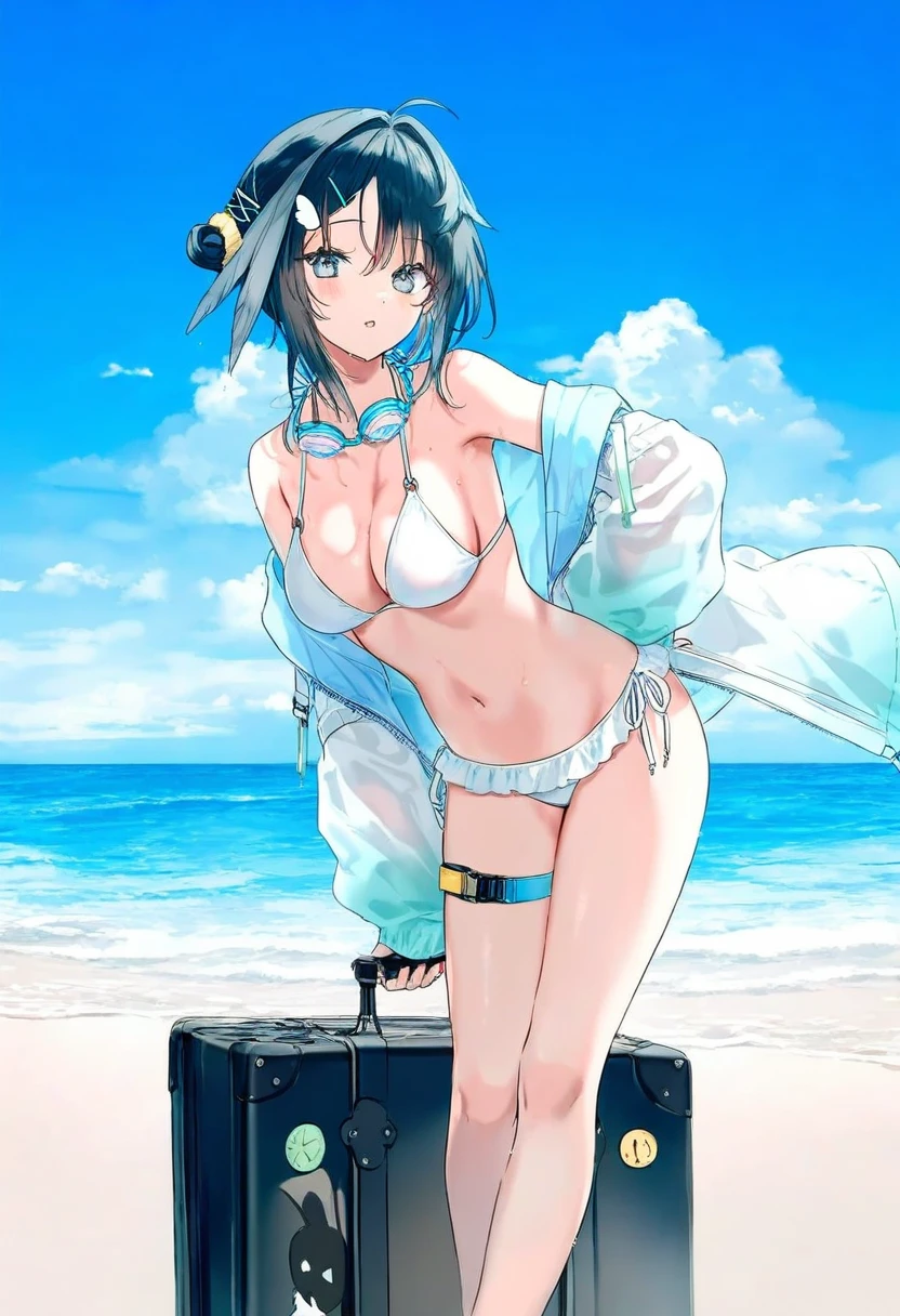 [neco],[onineko],[hiten], - 1girl,la pluma \(summer flowers\) \(arknights\),arknights,white bikini,outdoors,navel,day,sky,blue sky,beach,suitcase,looking at viewer,ocean,low-tied long hair,leaning forward,standing,holding,frills,hand up,bare shoulders,floating hair,