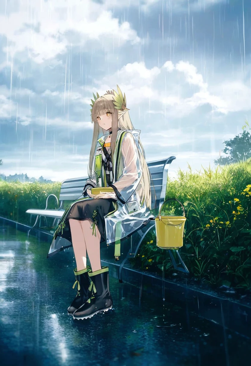 [neco],[onineko],[hiten], - 1girl,muelsyse \(arknights\),arknights,cloudy sky,grass,on bench,outdoors,rain,road,yellow rubber boots,see-through coat,sitting,transparent raincoat,water drop,