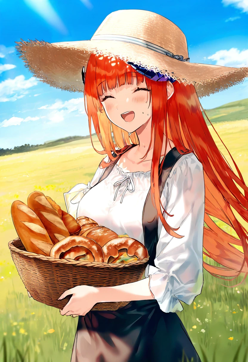 [neco],[onineko],[hiten], - 1girl,bagpipe \(arknights\),arknights,baguette,blush,bread,croissant,holding basket,pretzel,upper body,straw hat,field,sky,laughing,sweat,sunlight,