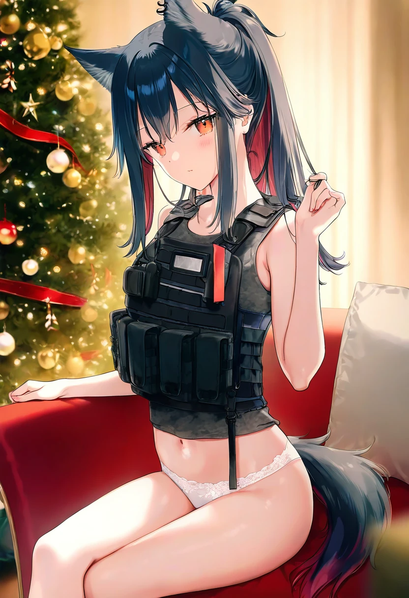[hiten],[mignon],[riri],[weri],[rurudo], - 1girl,texas \(arknights\),arknights,underwear,tactical vest,christmas tree,christmas ornaments,