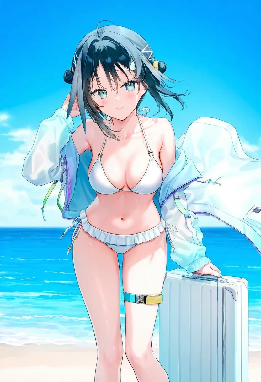 [hiten],[mignon],[riri],[weri],[rurudo], - 1girl,la pluma \(summer flowers\) \(arknights\),arknights,white bikini,outdoors,navel,day,sky,blue sky,beach,suitcase,looking at viewer,ocean,low-tied long hair,leaning forward,standing,holding,frills,hand up,bare shoulders,floating hair,