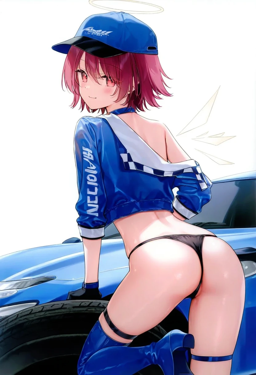 [hiten],[mignon],[riri],[weri],[rurudo], - 1girl,exusiai \(arknights\),arknights,black gloves,black panties,blue thigh boots,blue hat,blue jacket,long sleeves,race queen,thigh strap,thong,single bare shoulder,skindentation,tire,