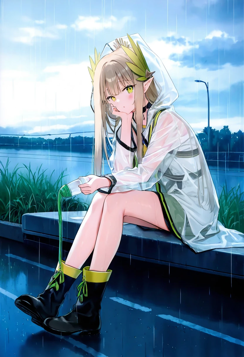 [hiten],[mignon],[riri],[weri],[rurudo], - 1girl,muelsyse \(arknights\),arknights,cloudy sky,grass,on bench,outdoors,rain,road,yellow rubber boots,see-through coat,sitting,transparent raincoat,water drop,