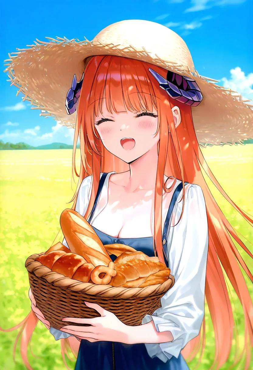 [hiten],[mignon],[riri],[weri],[rurudo], - 1girl,bagpipe \(arknights\),arknights,baguette,blush,bread,croissant,holding basket,pretzel,upper body,straw hat,field,sky,laughing,sweat,sunlight,