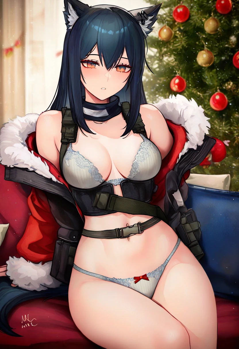 sciamano240,(pukara),noah \(tettsui-sole\),(binggong asylum), - 1girl,texas \(arknights\),arknights,underwear,tactical vest,christmas tree,christmas ornaments,