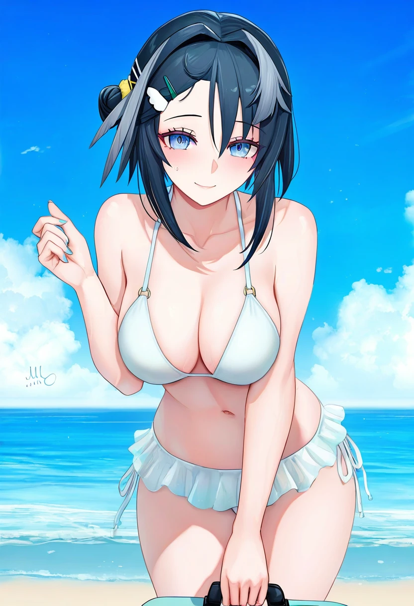 sciamano240,(pukara),noah \(tettsui-sole\),(binggong asylum), - 1girl,la pluma \(summer flowers\) \(arknights\),arknights,white bikini,outdoors,navel,day,sky,blue sky,beach,suitcase,looking at viewer,ocean,low-tied long hair,leaning forward,standing,holding,frills,hand up,bare shoulders,floating hair,