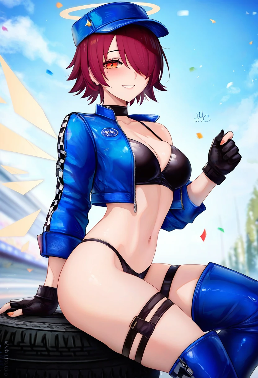 sciamano240,(pukara),noah \(tettsui-sole\),(binggong asylum), - 1girl,exusiai \(arknights\),arknights,black gloves,black panties,blue thigh boots,blue hat,blue jacket,long sleeves,race queen,thigh strap,thong,single bare shoulder,skindentation,tire,