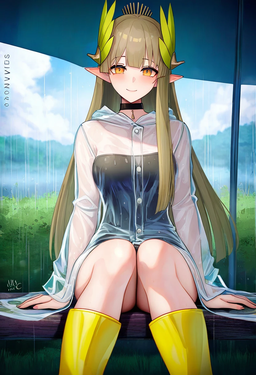 sciamano240,(pukara),noah \(tettsui-sole\),(binggong asylum), - 1girl,muelsyse \(arknights\),arknights,cloudy sky,grass,on bench,outdoors,rain,road,yellow rubber boots,see-through coat,sitting,transparent raincoat,water drop,