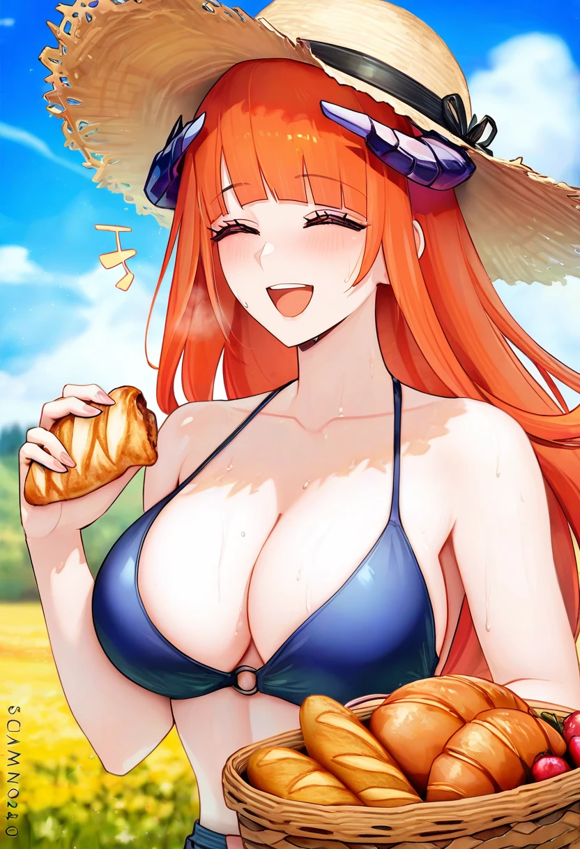 sciamano240,(pukara),noah \(tettsui-sole\),(binggong asylum), - 1girl,bagpipe \(arknights\),arknights,baguette,blush,bread,croissant,holding basket,pretzel,upper body,straw hat,field,sky,laughing,sweat,sunlight,