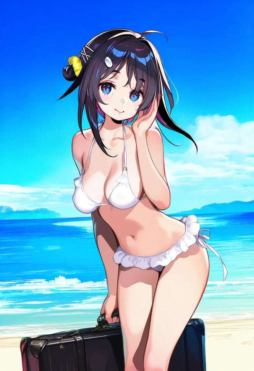 ((ke-ta),(onono imoko),OlchaS,ask \(askzy\)), - 1girl,la pluma \(summer flowers\) \(arknights\),arknights,white bikini,outdoors,navel,day,sky,blue sky,beach,suitcase,looking at viewer,ocean,low-tied long hair,leaning forward,standing,holding,frills,hand up,bare shoulders,floating hair,