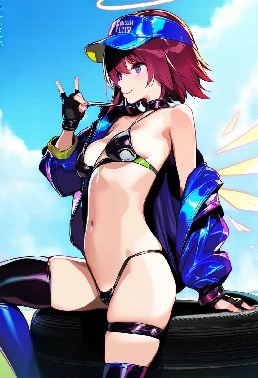((ke-ta),(onono imoko),OlchaS,ask \(askzy\)), - 1girl,exusiai \(arknights\),arknights,black gloves,black panties,blue thigh boots,blue hat,blue jacket,long sleeves,race queen,thigh strap,thong,single bare shoulder,skindentation,tire,