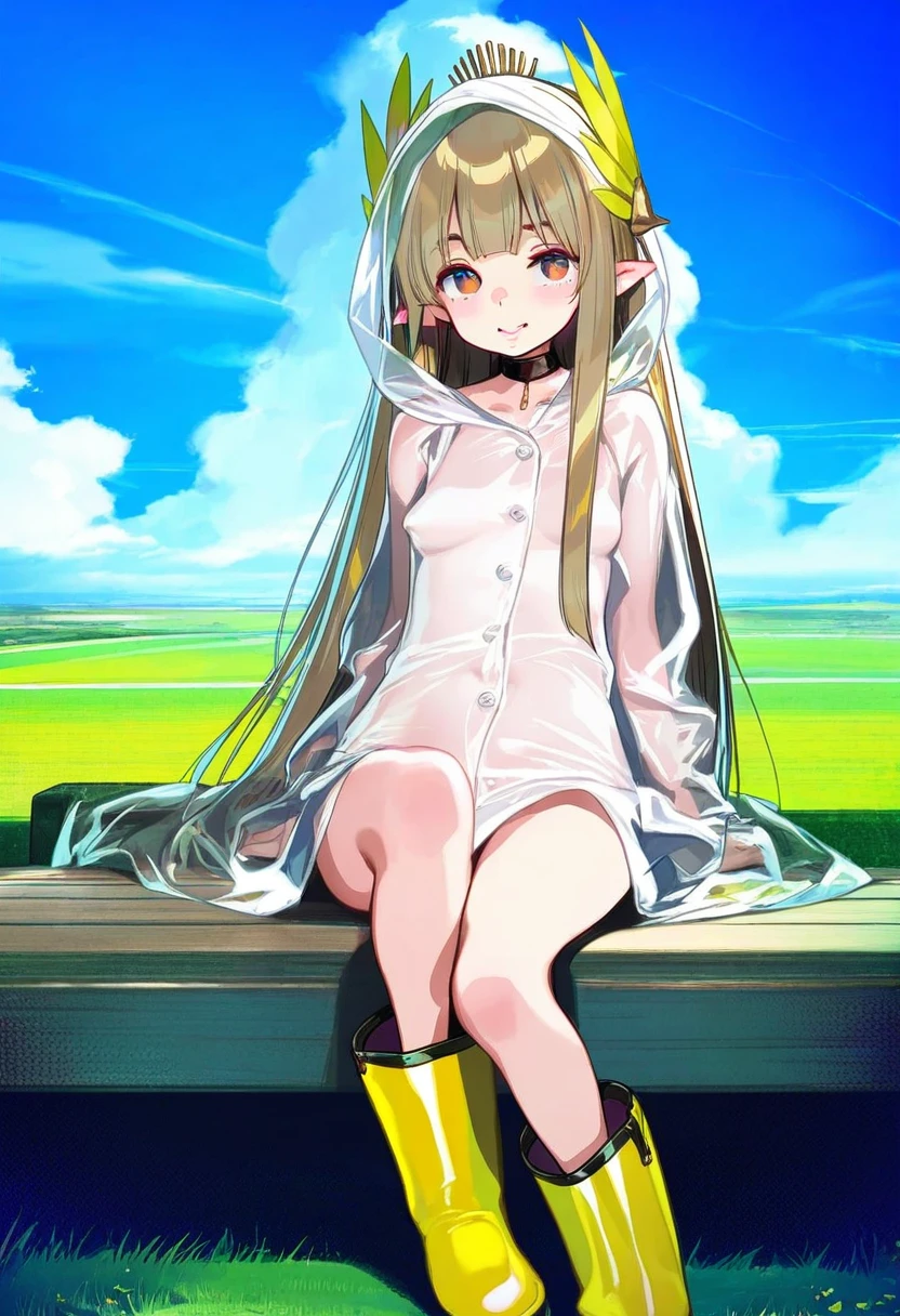 ((ke-ta),(onono imoko),OlchaS,ask \(askzy\)), - 1girl,muelsyse \(arknights\),arknights,cloudy sky,grass,on bench,outdoors,rain,road,yellow rubber boots,see-through coat,sitting,transparent raincoat,water drop,