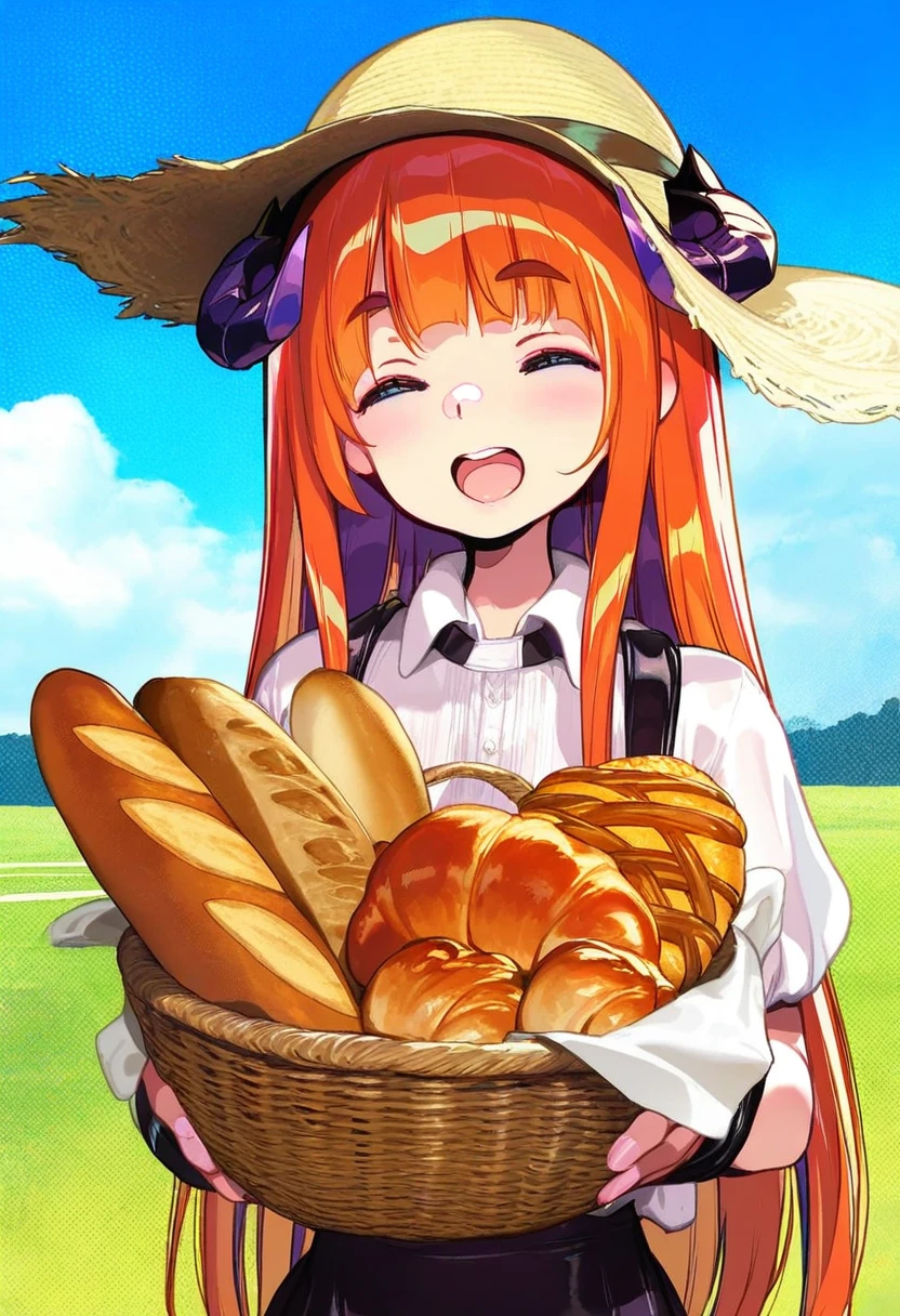 ((ke-ta),(onono imoko),OlchaS,ask \(askzy\)), - 1girl,bagpipe \(arknights\),arknights,baguette,blush,bread,croissant,holding basket,pretzel,upper body,straw hat,field,sky,laughing,sweat,sunlight,