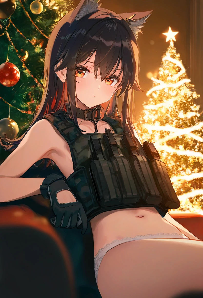 (hiten \(hitenkei\)),ciloranko,[[liduke]],[[wlop]],toosaka asagi,ke-ta,[[ask \(askzy\)]],torino,(chen bin), - 1girl,texas \(arknights\),arknights,underwear,tactical vest,christmas tree,christmas ornaments,