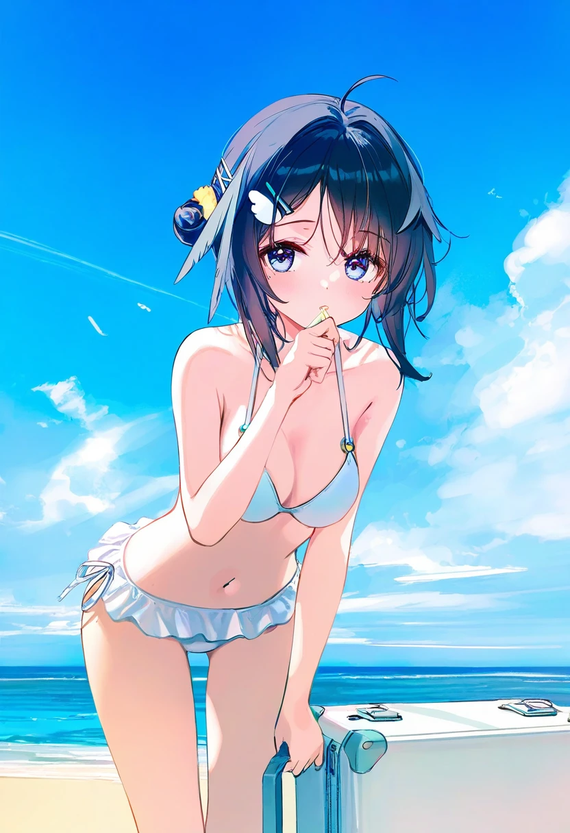 (hiten \(hitenkei\)),ciloranko,[[liduke]],[[wlop]],toosaka asagi,ke-ta,[[ask \(askzy\)]],torino,(chen bin), - 1girl,la pluma \(summer flowers\) \(arknights\),arknights,white bikini,outdoors,navel,day,sky,blue sky,beach,suitcase,looking at viewer,ocean,low-tied long hair,leaning forward,standing,holding,frills,hand up,bare shoulders,floating hair,
