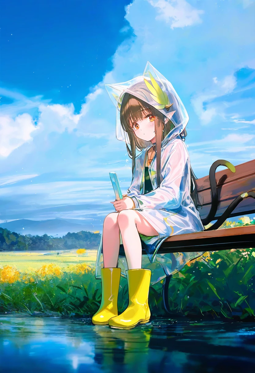 (hiten \(hitenkei\)),ciloranko,[[liduke]],[[wlop]],toosaka asagi,ke-ta,[[ask \(askzy\)]],torino,(chen bin), - 1girl,muelsyse \(arknights\),arknights,cloudy sky,grass,on bench,outdoors,rain,road,yellow rubber boots,see-through coat,sitting,transparent raincoat,water drop,