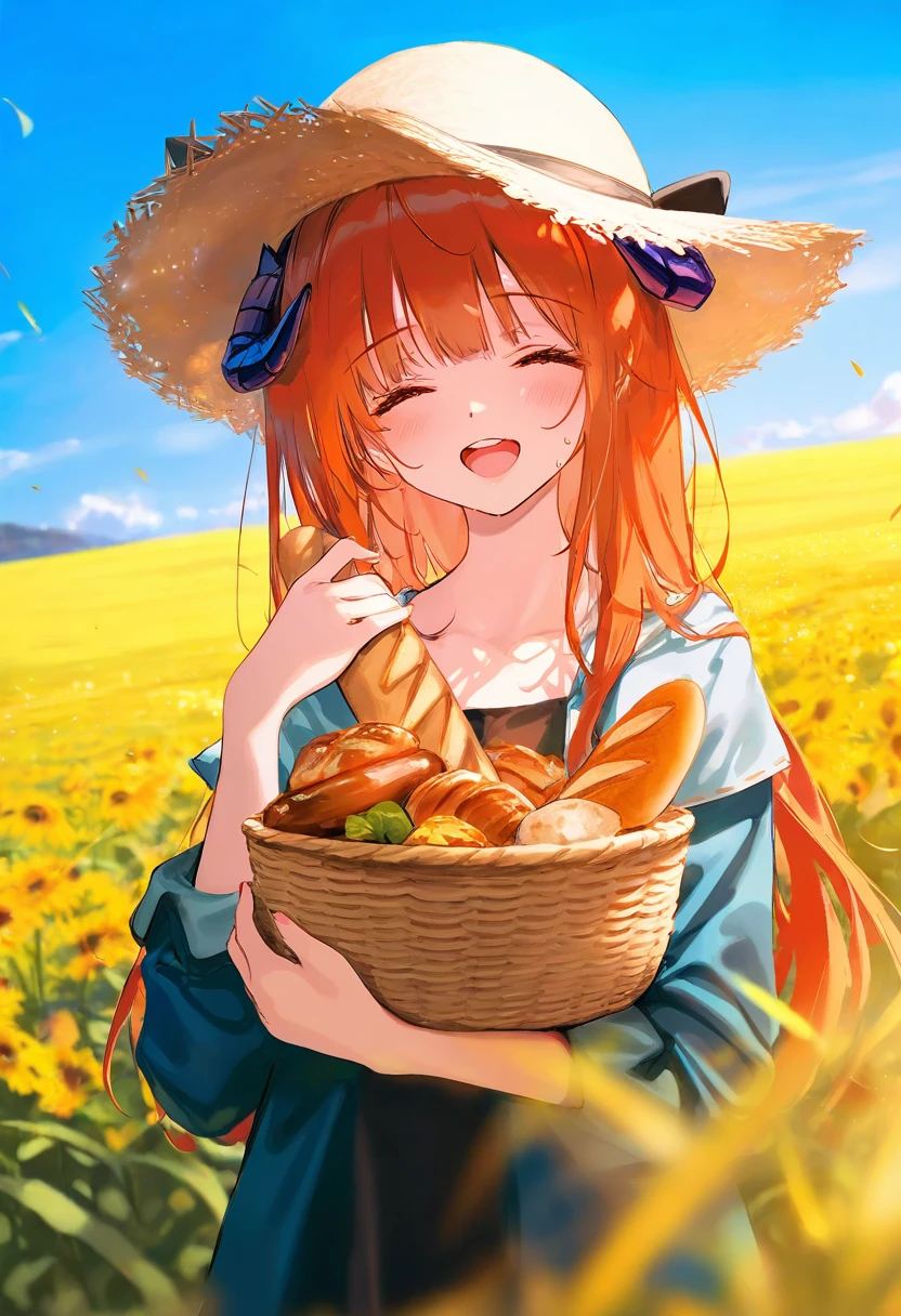 (hiten \(hitenkei\)),ciloranko,[[liduke]],[[wlop]],toosaka asagi,ke-ta,[[ask \(askzy\)]],torino,(chen bin), - 1girl,bagpipe \(arknights\),arknights,baguette,blush,bread,croissant,holding basket,pretzel,upper body,straw hat,field,sky,laughing,sweat,sunlight,