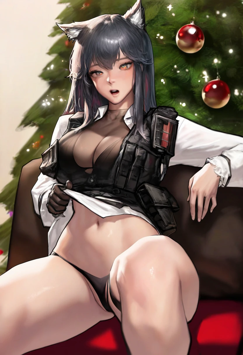 kidmo,((agoto)), - 1girl,texas \(arknights\),arknights,underwear,tactical vest,christmas tree,christmas ornaments,