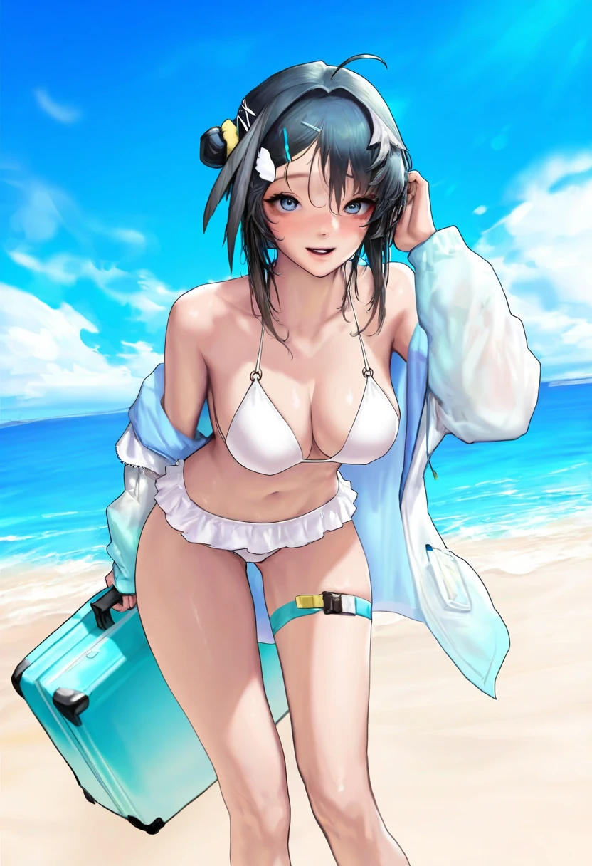 kidmo,((agoto)), - 1girl,la pluma \(summer flowers\) \(arknights\),arknights,white bikini,outdoors,navel,day,sky,blue sky,beach,suitcase,looking at viewer,ocean,low-tied long hair,leaning forward,standing,holding,frills,hand up,bare shoulders,floating hair,