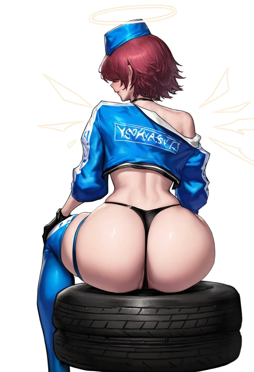 kidmo,((agoto)), - 1girl,exusiai \(arknights\),arknights,black gloves,black panties,blue thigh boots,blue hat,blue jacket,long sleeves,race queen,thigh strap,thong,single bare shoulder,skindentation,tire,