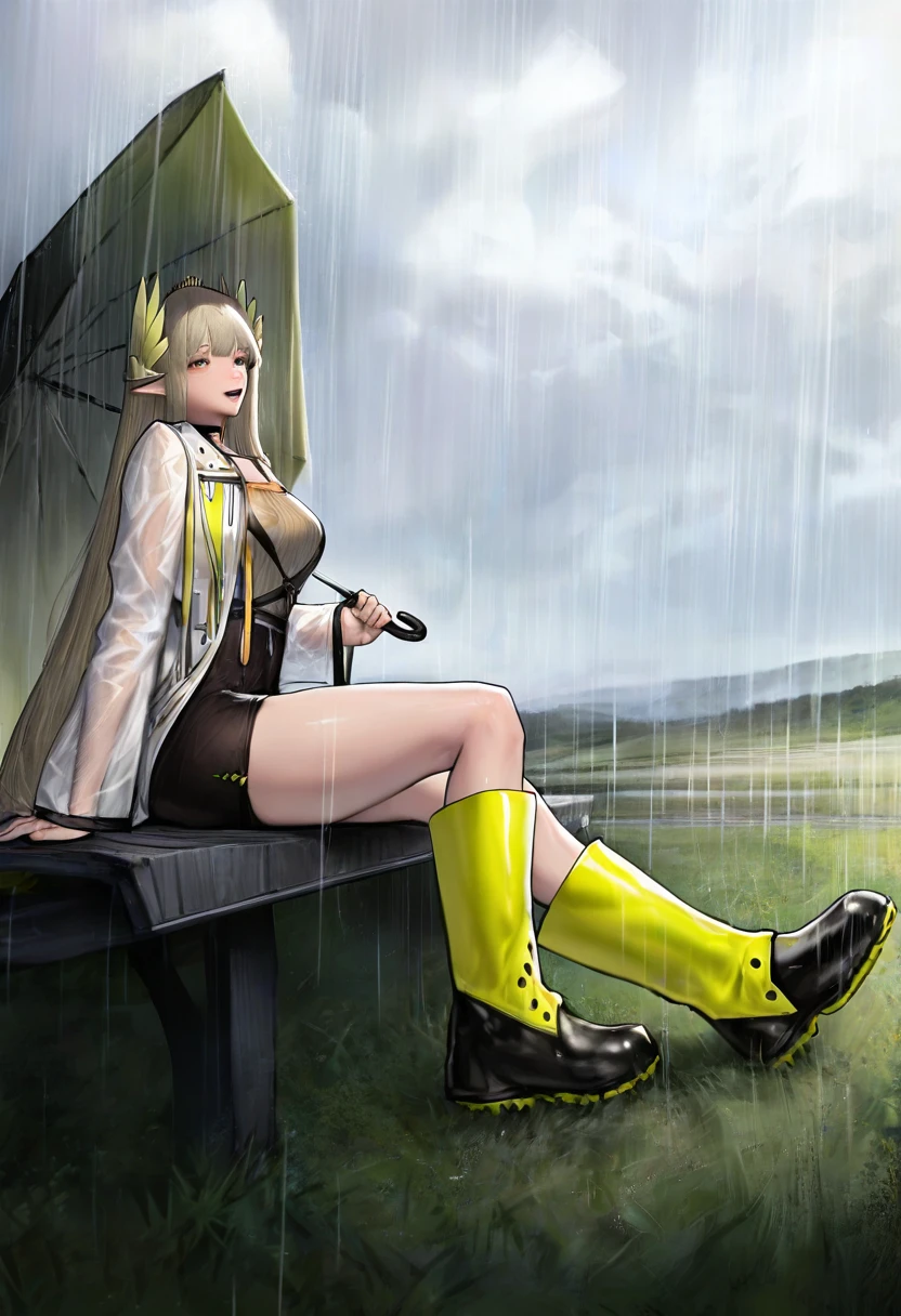 kidmo,((agoto)), - 1girl,muelsyse \(arknights\),arknights,cloudy sky,grass,on bench,outdoors,rain,road,yellow rubber boots,see-through coat,sitting,transparent raincoat,water drop,