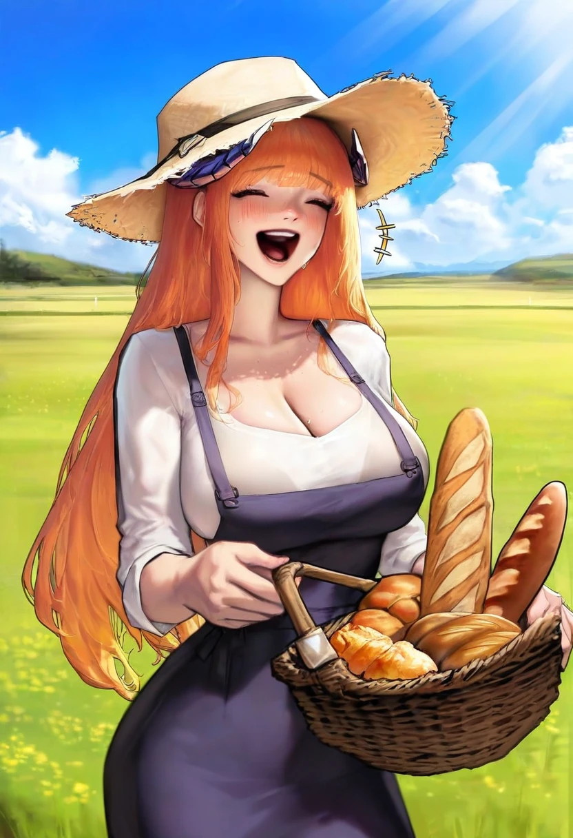 kidmo,((agoto)), - 1girl,bagpipe \(arknights\),arknights,baguette,blush,bread,croissant,holding basket,pretzel,upper body,straw hat,field,sky,laughing,sweat,sunlight,