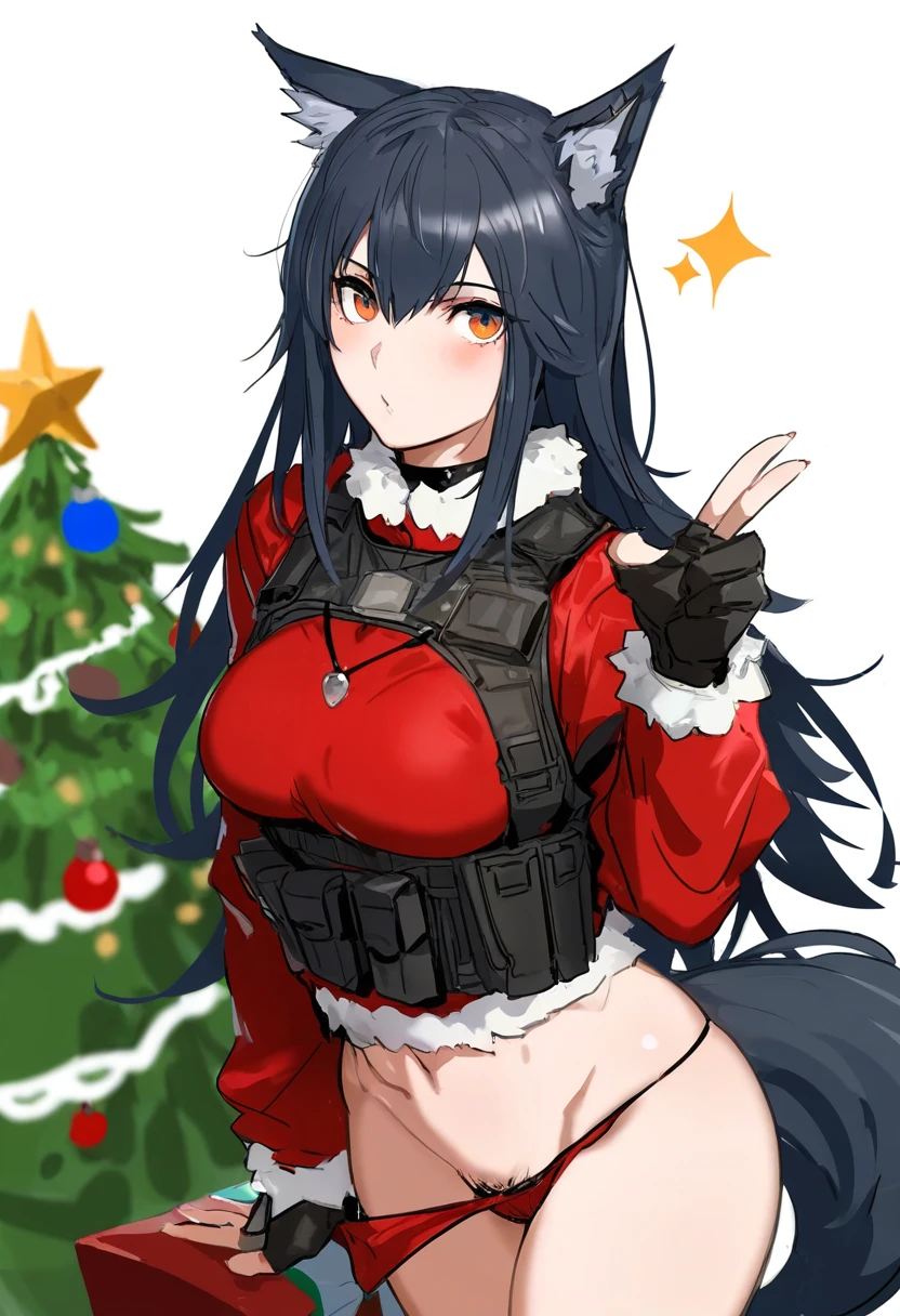 [melon22],(((kincora))),yoneyama mai,[alchemaniac],((batako,38)),kunaboto,elun \(meido\), - 1girl,texas \(arknights\),arknights,underwear,tactical vest,christmas tree,christmas ornaments,