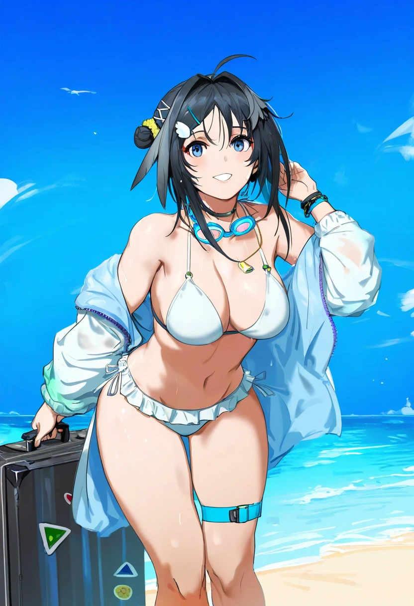 [melon22],(((kincora))),yoneyama mai,[alchemaniac],((batako,38)),kunaboto,elun \(meido\), - 1girl,la pluma \(summer flowers\) \(arknights\),arknights,white bikini,outdoors,navel,day,sky,blue sky,beach,suitcase,looking at viewer,ocean,low-tied long hair,leaning forward,standing,holding,frills,hand up,bare shoulders,floating hair,